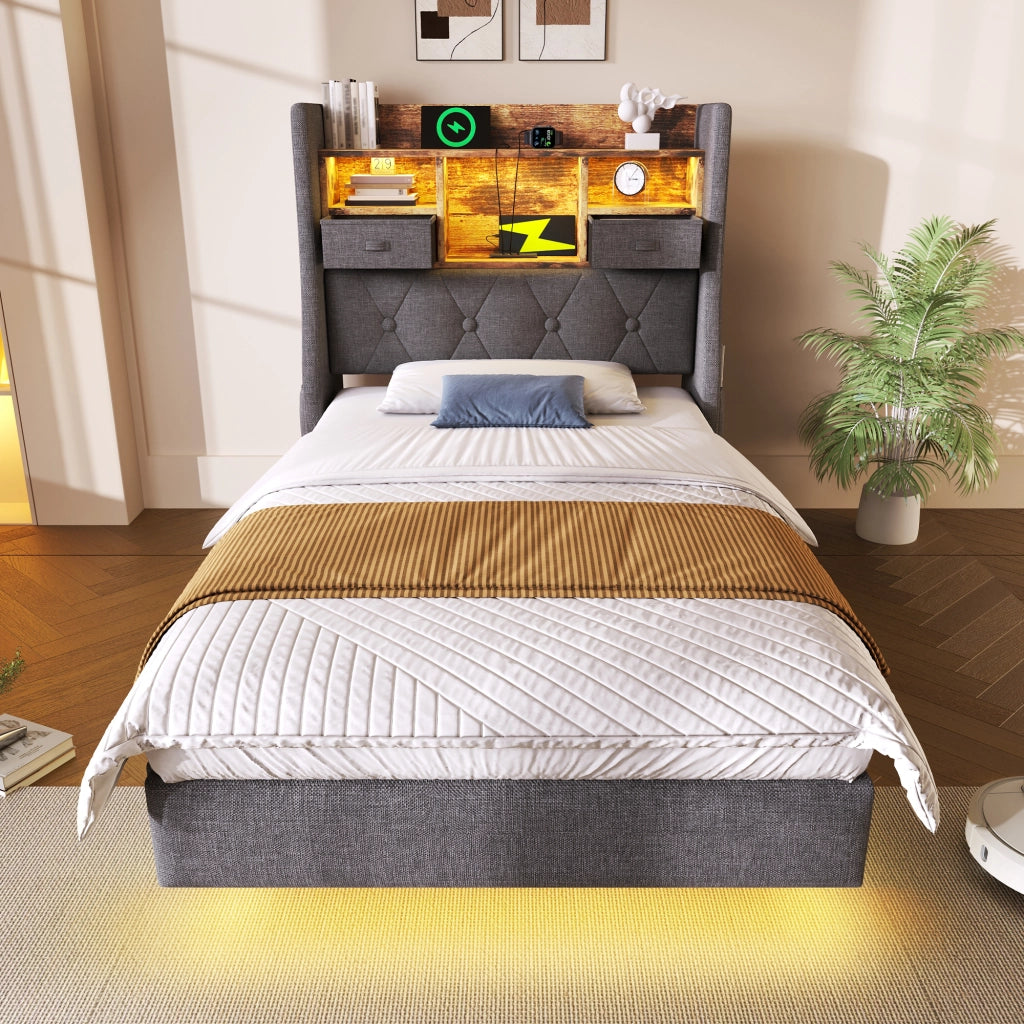 Letto singolo 90x200 cm con testiera contenitore e illuminazione LED