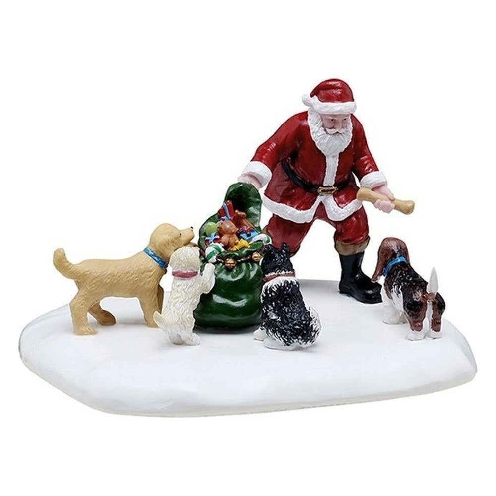Statuina babbo natale con cani al parco per villaggio di natale lemax