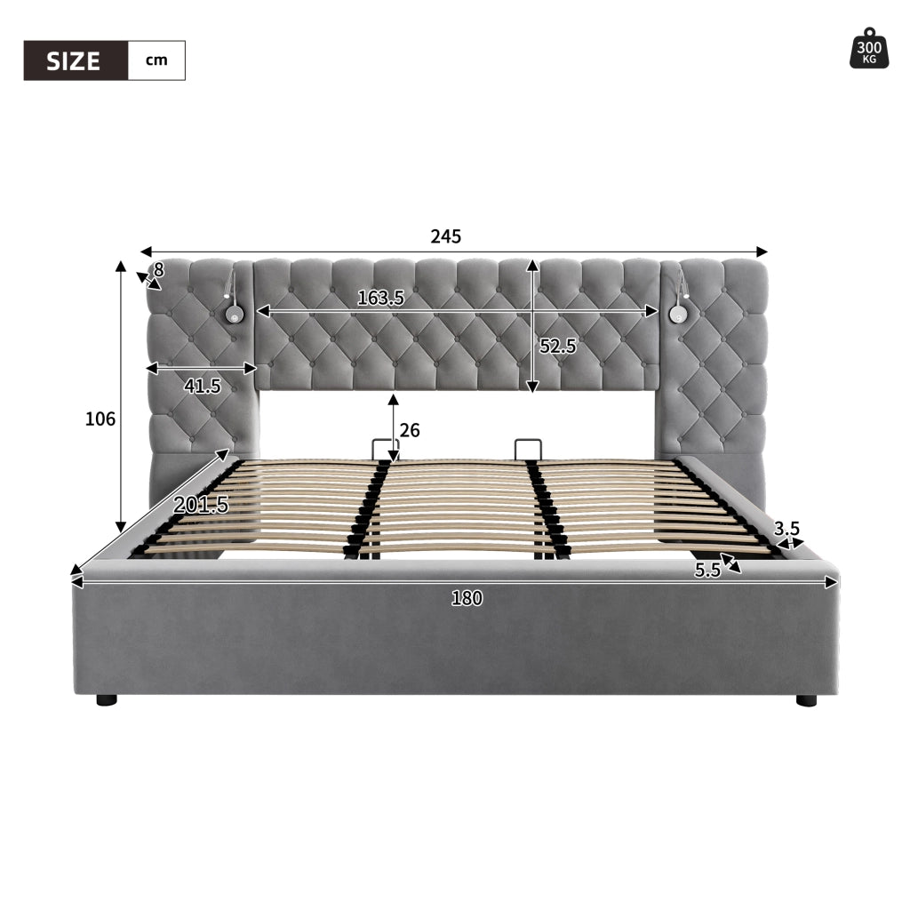 Letto contenitore 160 ¡Á 200 cm con due comodini rete a doghe in legno rivestito in lino grigio e nero