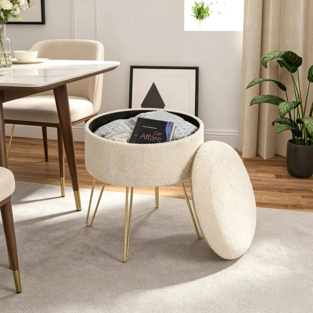 Pouf contenitore rotondo beige con vassoio, 39 x 44 cm