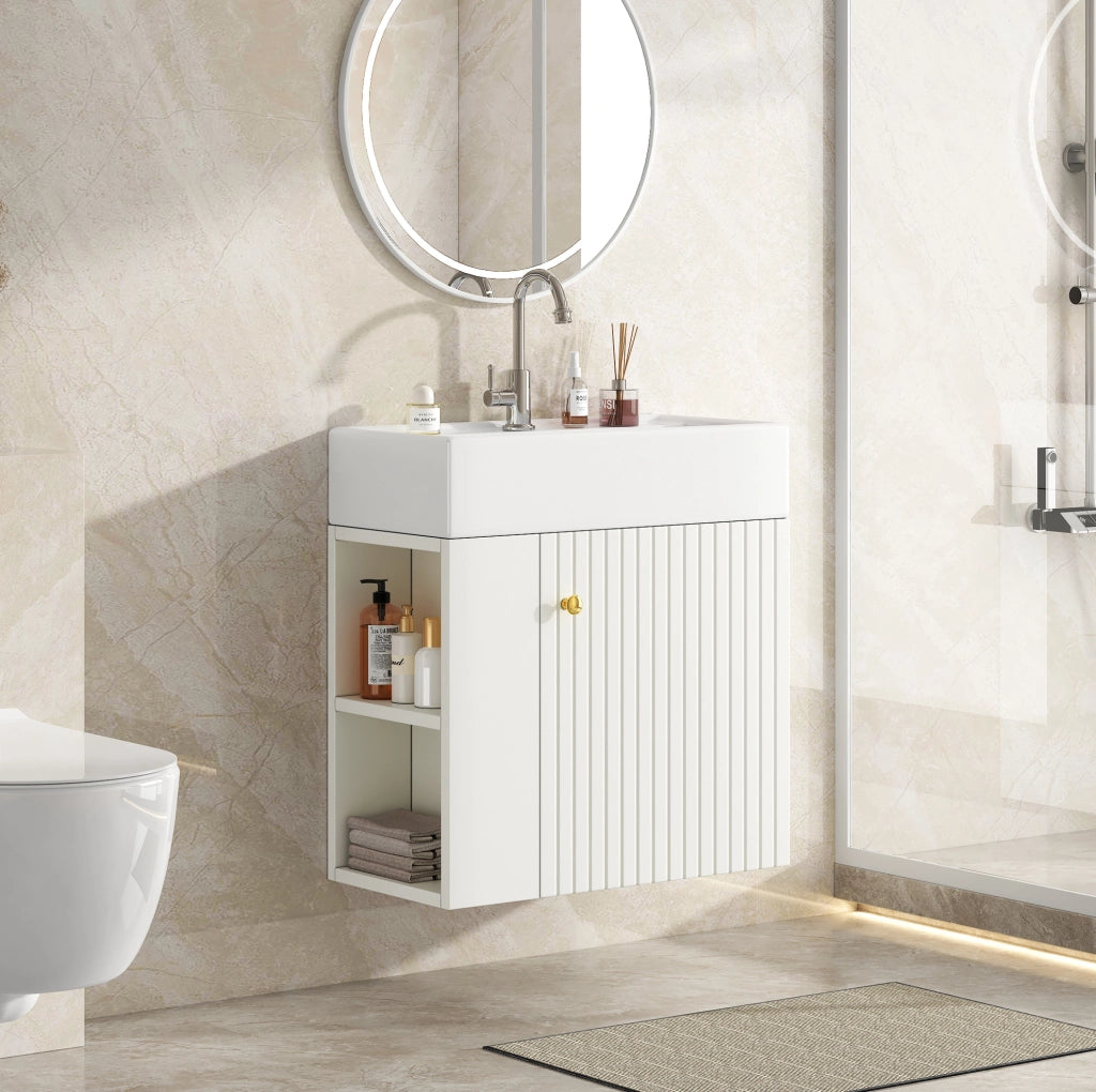 Mobile bagno sospeso bianco con lavabo in ceramica lucida 55 cm, design compatto per piccoli spazi