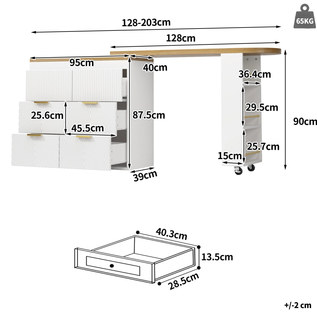 Tavolo bar IVMEU girevole a 360¡ã con 6 cassetti e vano laterale, 128-203 x 39 x 90 cm, bianco in MDF