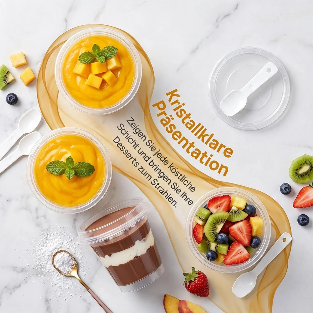 50 bicchieri di plastica per dessert da 180 ml, con coperchio, trasparenti