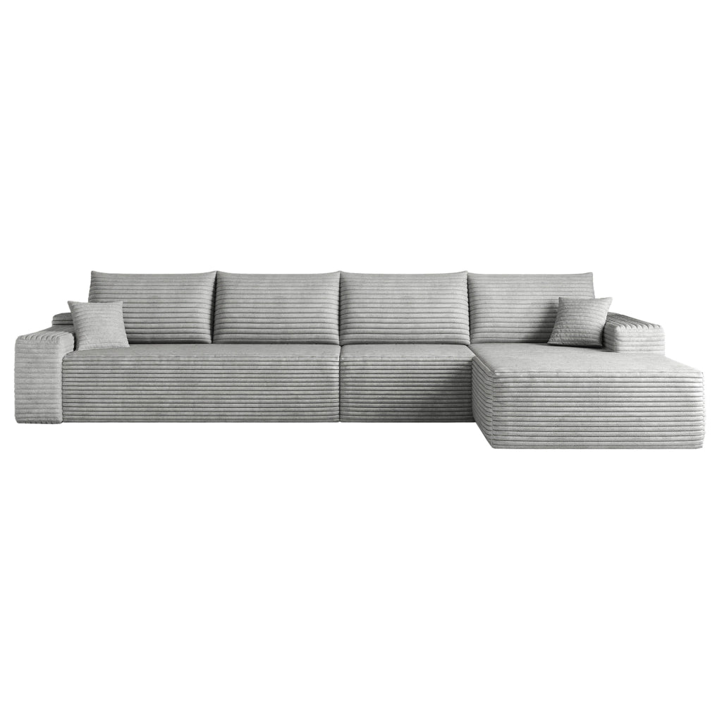 Divano modulare angolare 340x175x83 cm con chaise longue e seduta profonda, in tessuto grigio per soggiorno, moderno