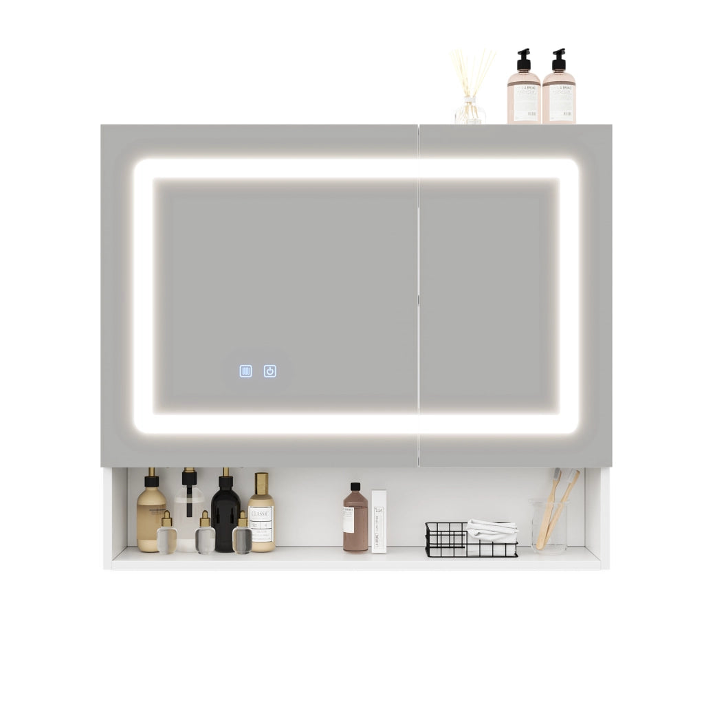 Armadietto a specchio bianco per bagno con illuminazione e funzione antiappannamento, 80 x 17 x 70 cm