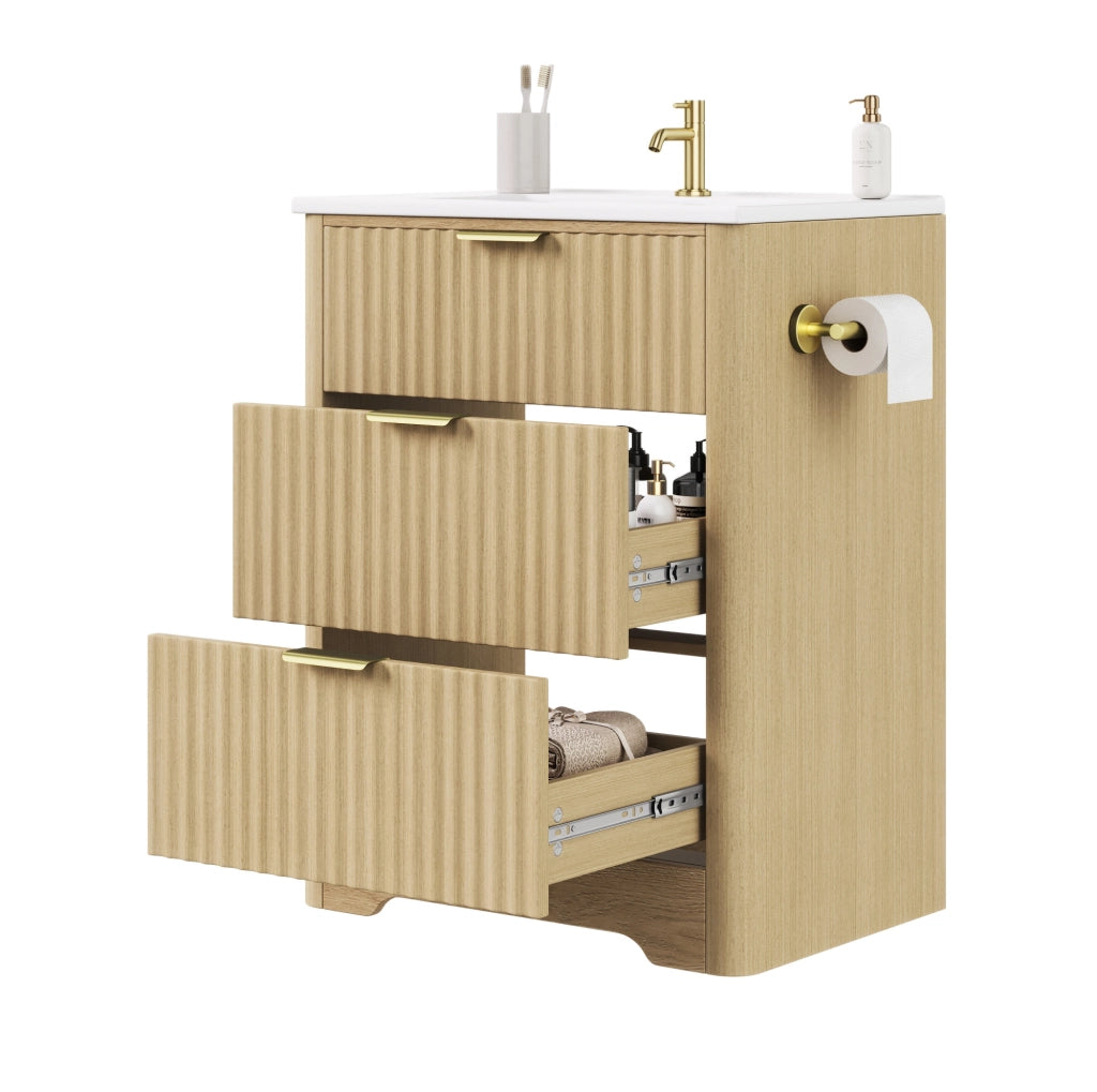 Mobile bagno 61 cm con lavabo in ceramica, cassetti e portarotolo montabile su entrambi i lati, finitura effetto legno e maniglie dorate, senza rubinetto