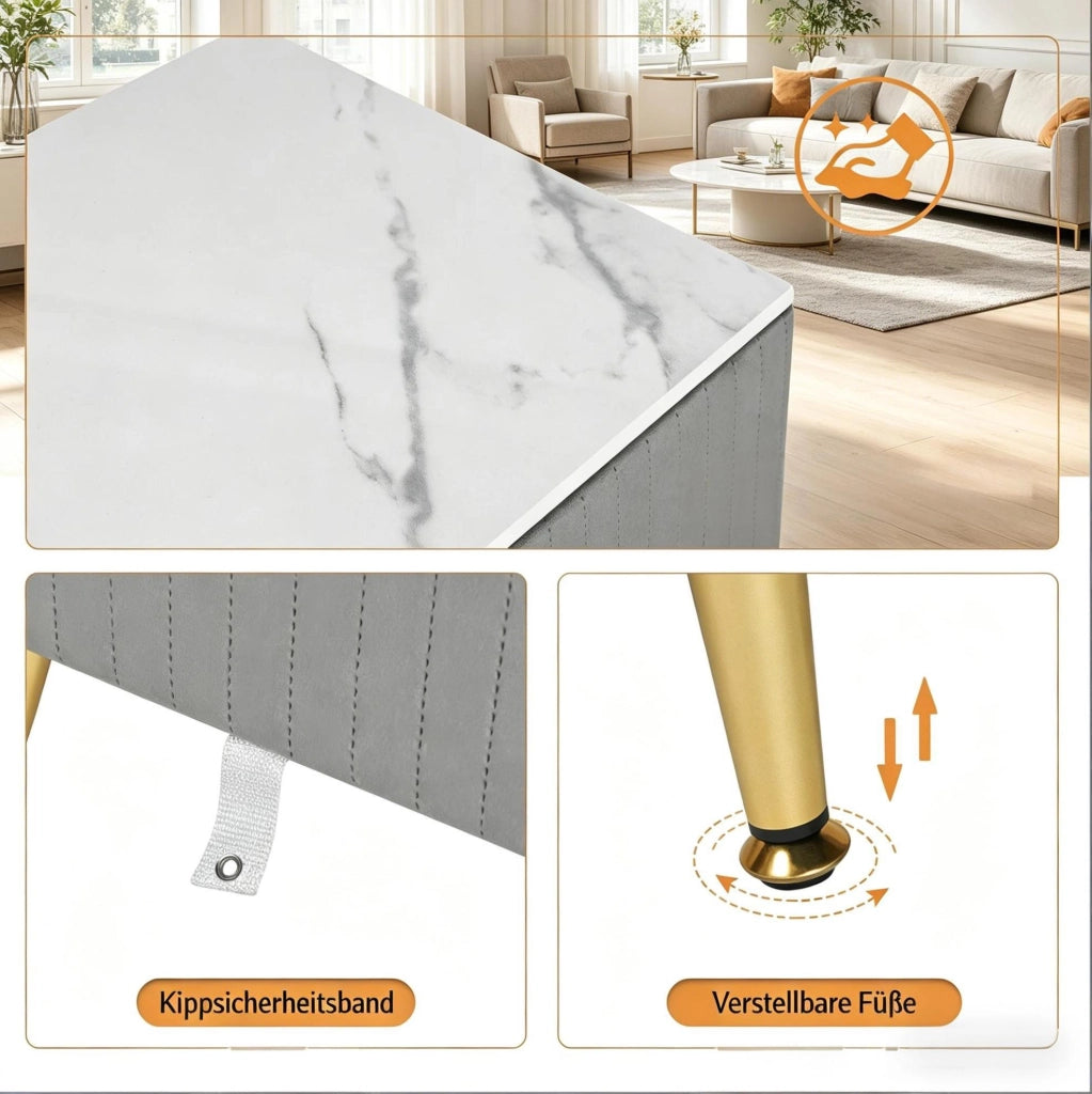 Comodino grigio con 3 cassetti in MDF, velluto e metallo, tavolino laterale 40,5x62x41 cm