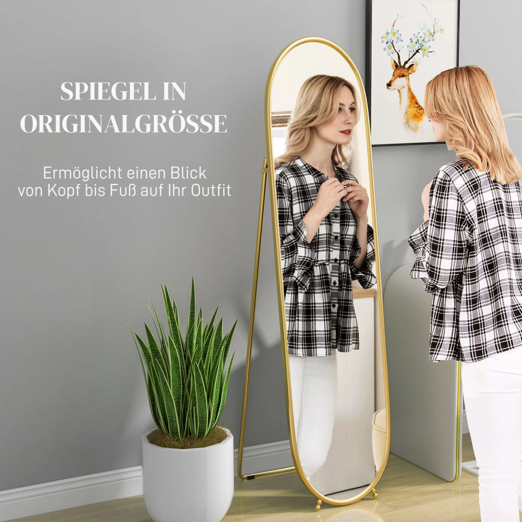 Specchio semplice ovale a figura intera con supporto, metallo oro, 40 × 4 × 160 cm