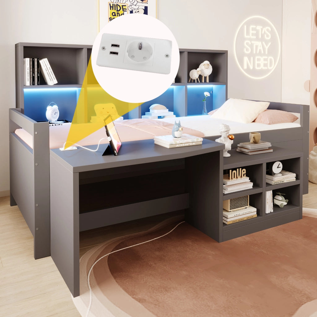 Letto a soppalco singolo 90 × 200 cm con scrivania vani contenitore prese USB LED in legno grigio