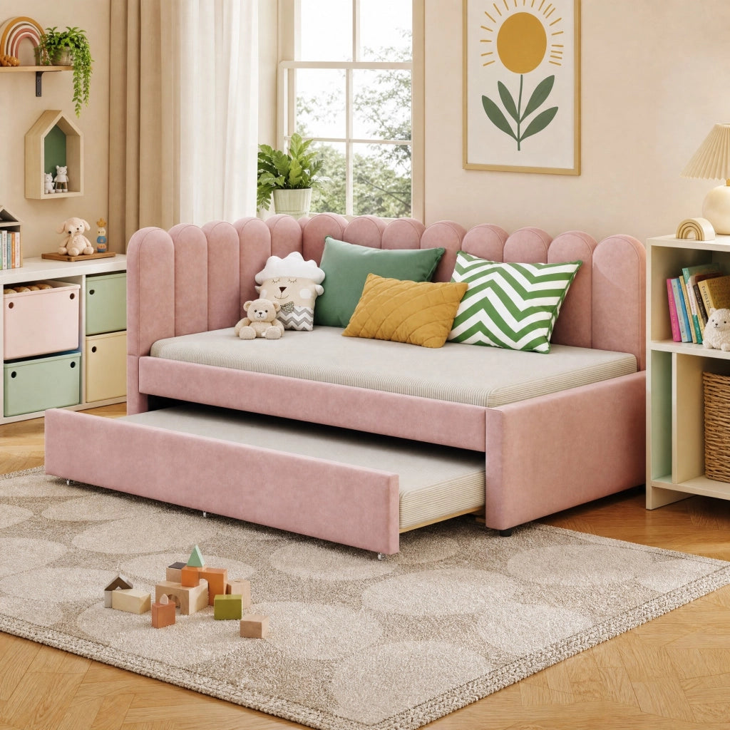 Letto estraibile imbottito a L 140 × 200 cm in velluto rosa con schienale a forma di petalo e rete a doghe