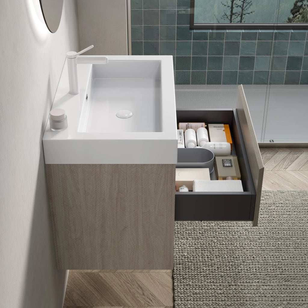 Mobile bagno con lavabo integrato in resina cassetto e ripiano aperto rovere chiaro bianco premontato