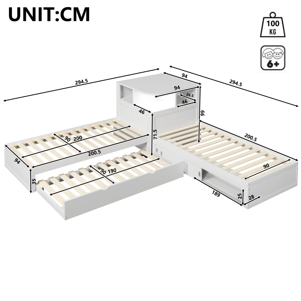 Letto singolo a piattaforma 90 × 200 cm con letto estraibile in MDF e legno bianco con luce LED e ante scorrevoli