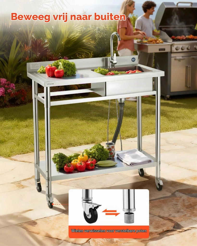 Lavello singolo, dimensioni 1000x500x1055 mm, completo di rubinetto e dotato di ruote