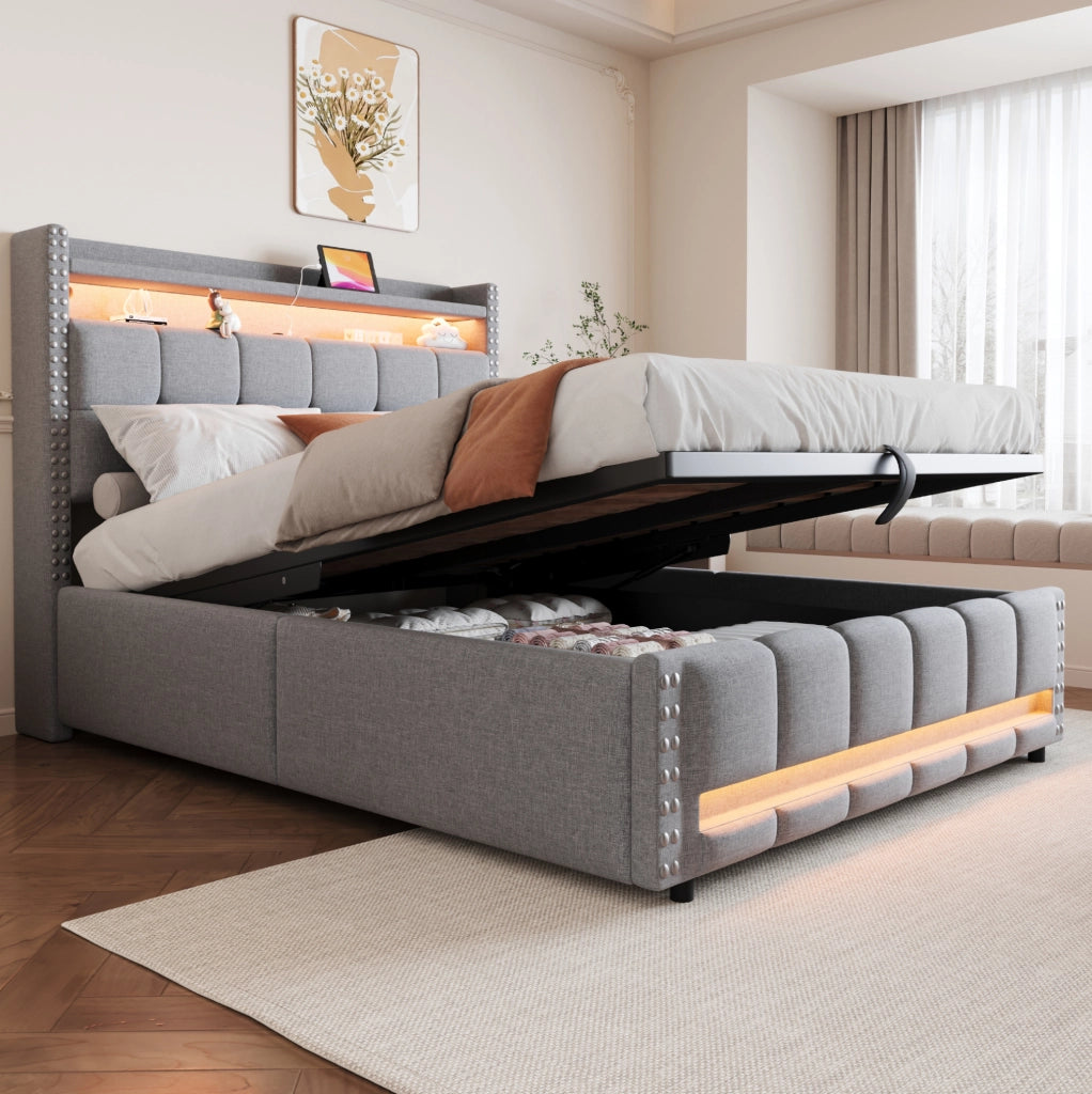 Letto imbottito 140 × 200 cm con contenitore idraulico; LED e presa USB; lino grigio chiaro
