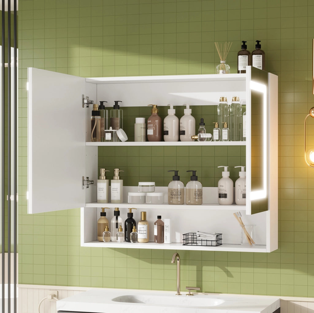 Armadietto a specchio bianco per bagno con illuminazione e funzione antiappannamento, 80 x 17 x 70 cm