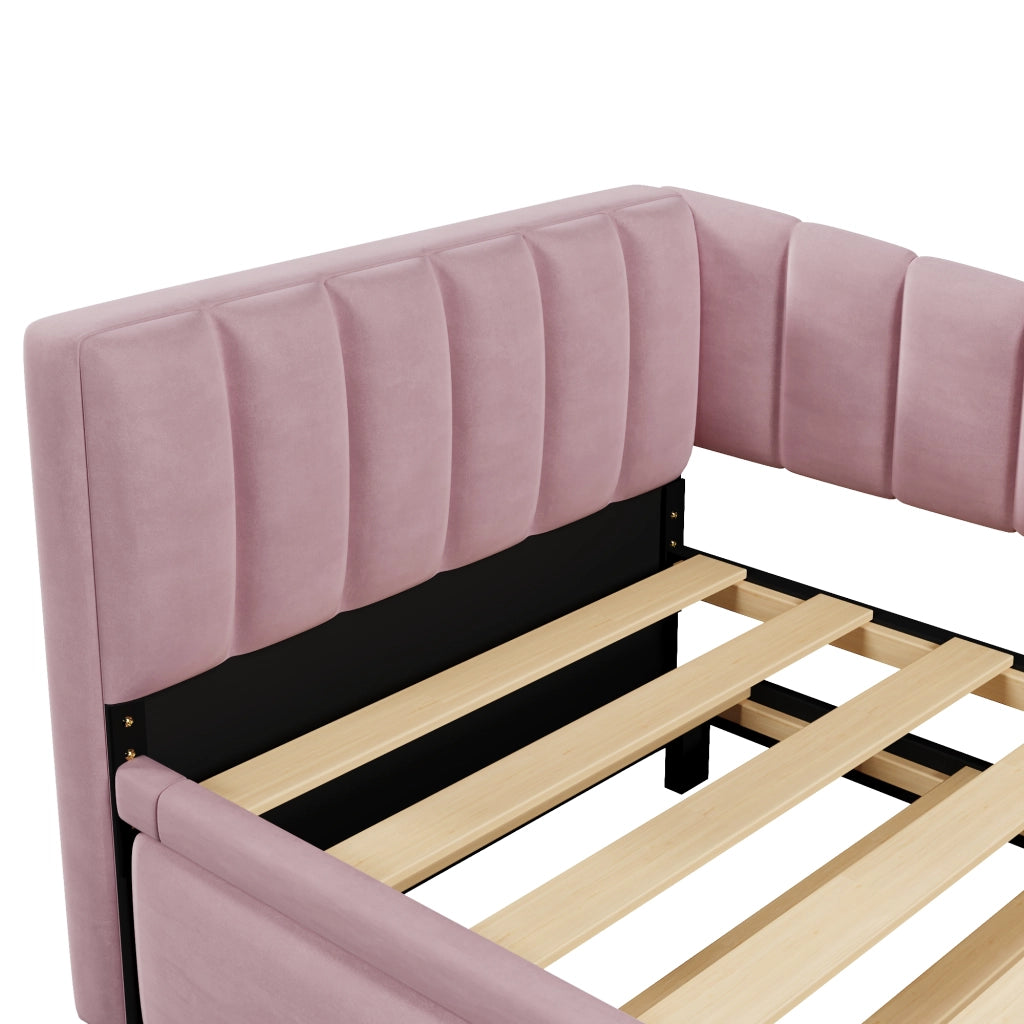Divano letto 90 × 200 cm con letto estraibile rialzabile in velluto rosa e struttura in MDF