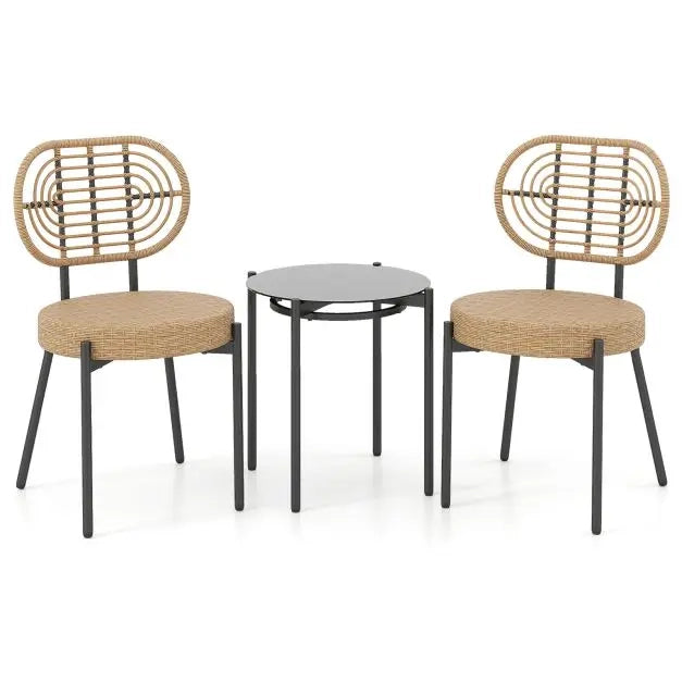 Set da bistro da giardino 3 pezzi in rattan PE e metallo con tavolino in vetro temperato e 2 sedie marrone per balcone e terrazza