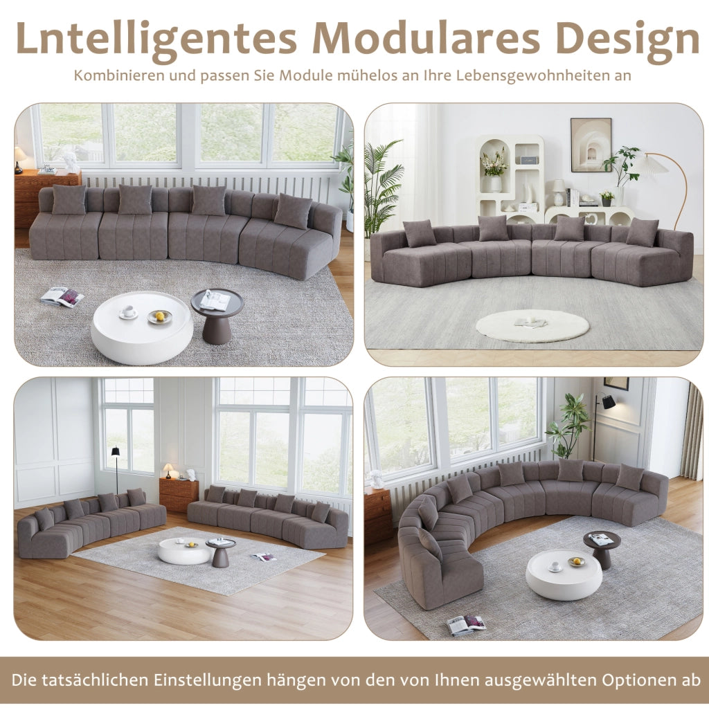 Modulo divano curvo in ciniglia grigio con 2 cuscini