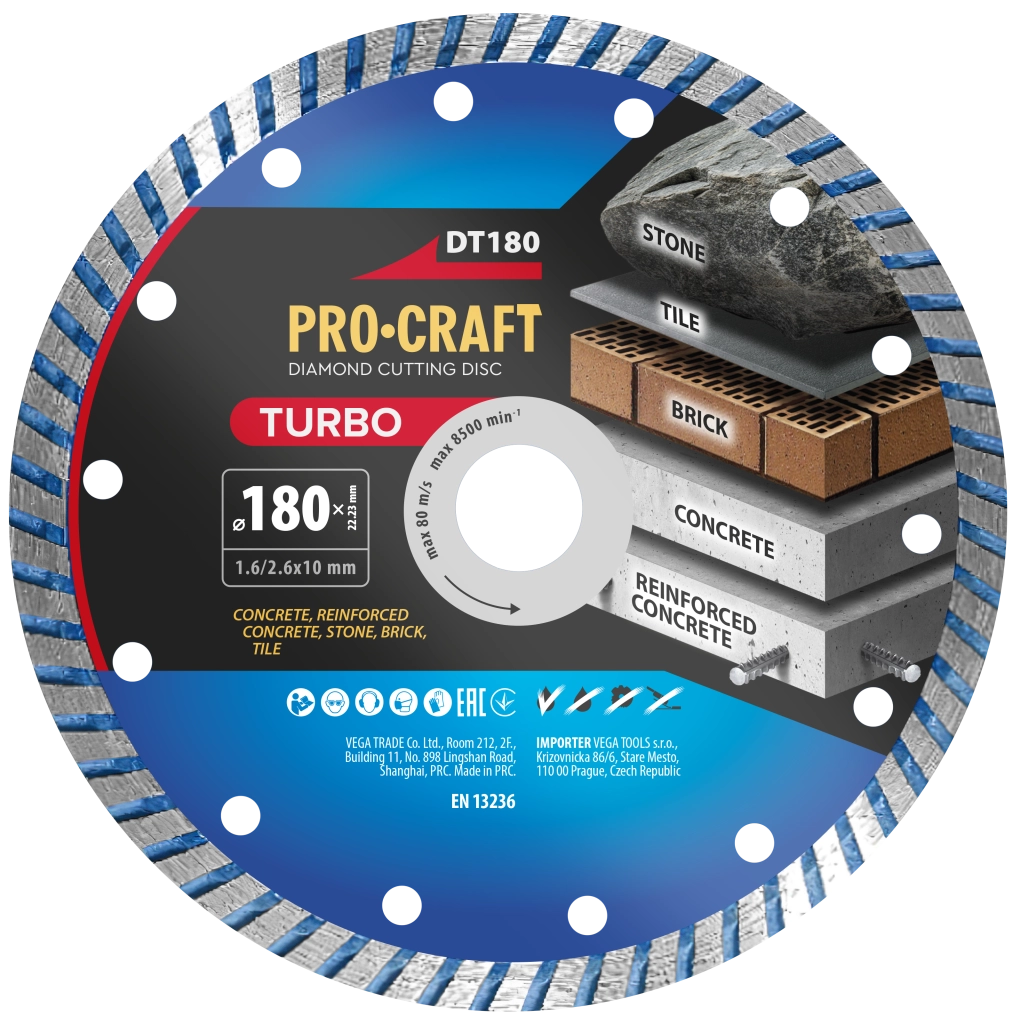 Disco diamantato Turbo Procraft DT180, Ø 180 mm, 8500 giri/min, spessore 1,6 mm