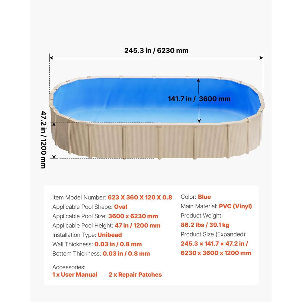 Rivestimento Liner per Piscina Fuori Terra Ovale 360 x 623 cm, Telo Interno in Vinile Blu con Bordo a Incastro, Altezza 120 cm