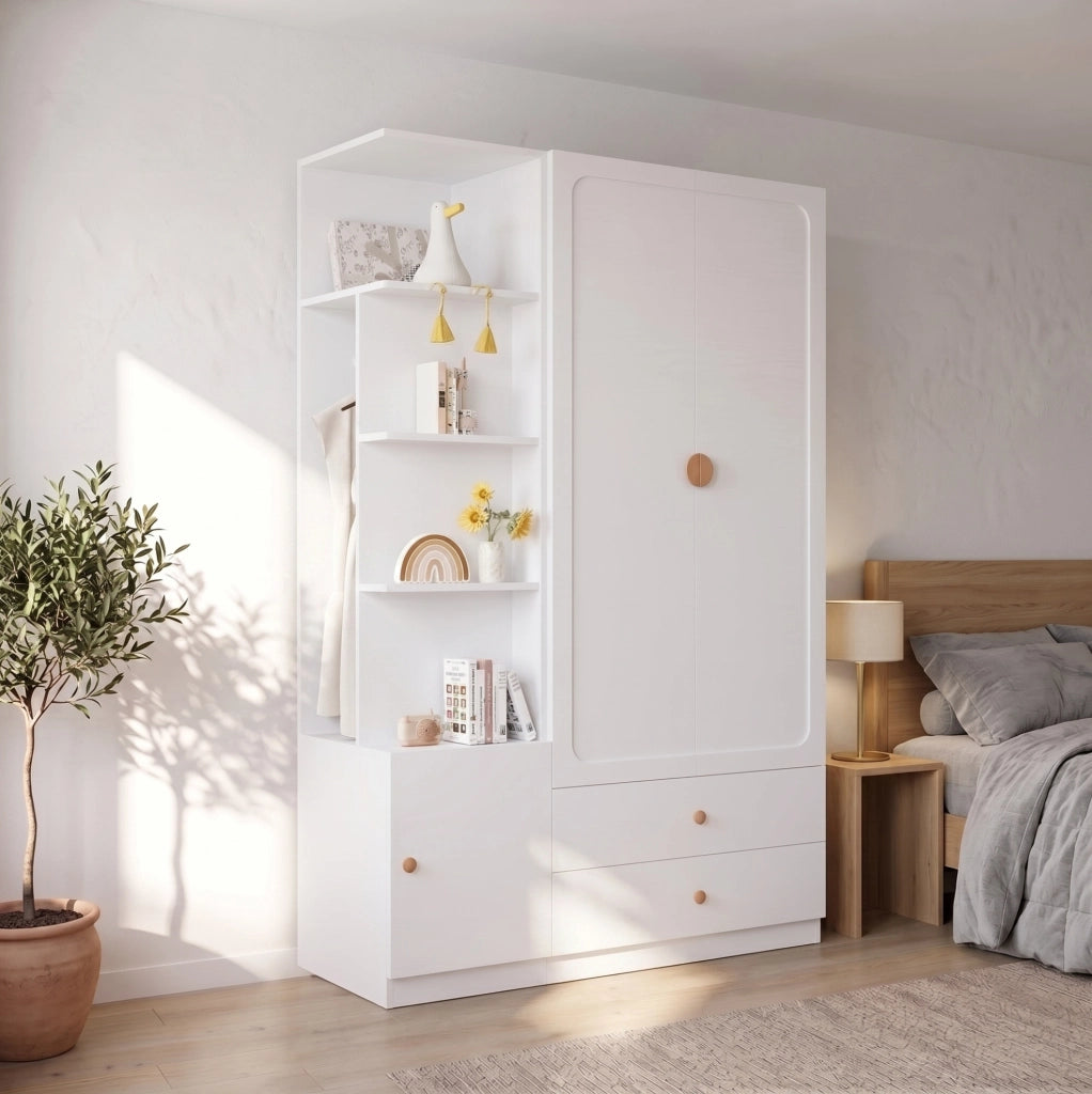 Armadio guardaroba 135x45x200 cm con 2 cassetti e 2 appendiabiti in MDF; bianco