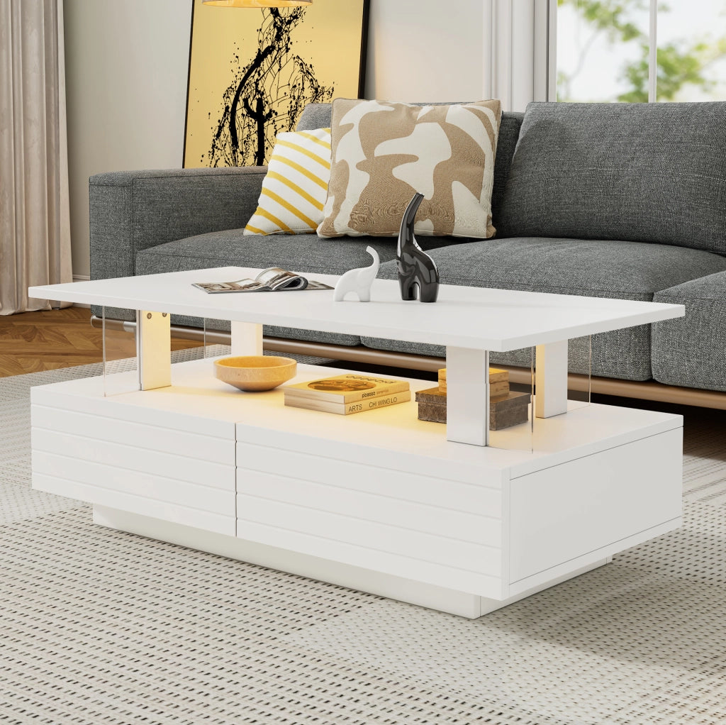 Tavolino da caffè LED bianco 100 x 50 x 42,5 cm con contenitore e Bluetooth