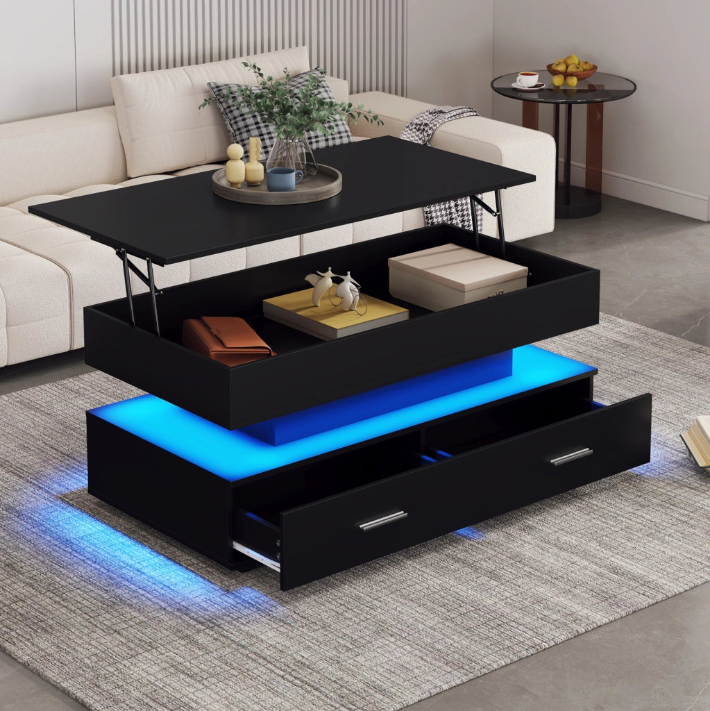 Tavolino elevabile 100 × 50 × 44 cm in truciolare nero con LED e contenitore