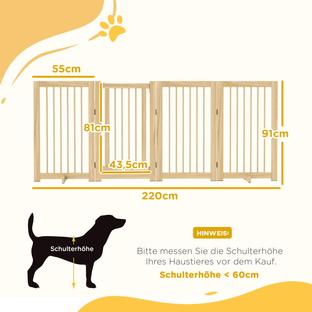 Cancelletto per cani a 4 pannelli pieghevole in legno con porta integrata e 2 piedi di supporto rimovibili