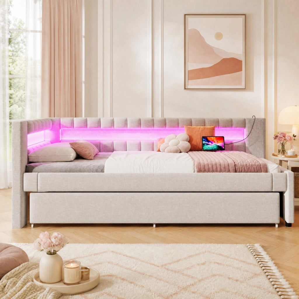 Daybed estraibile con illuminazione LED, 90x200 cm, in lino beige con porte USB e TYPE-C