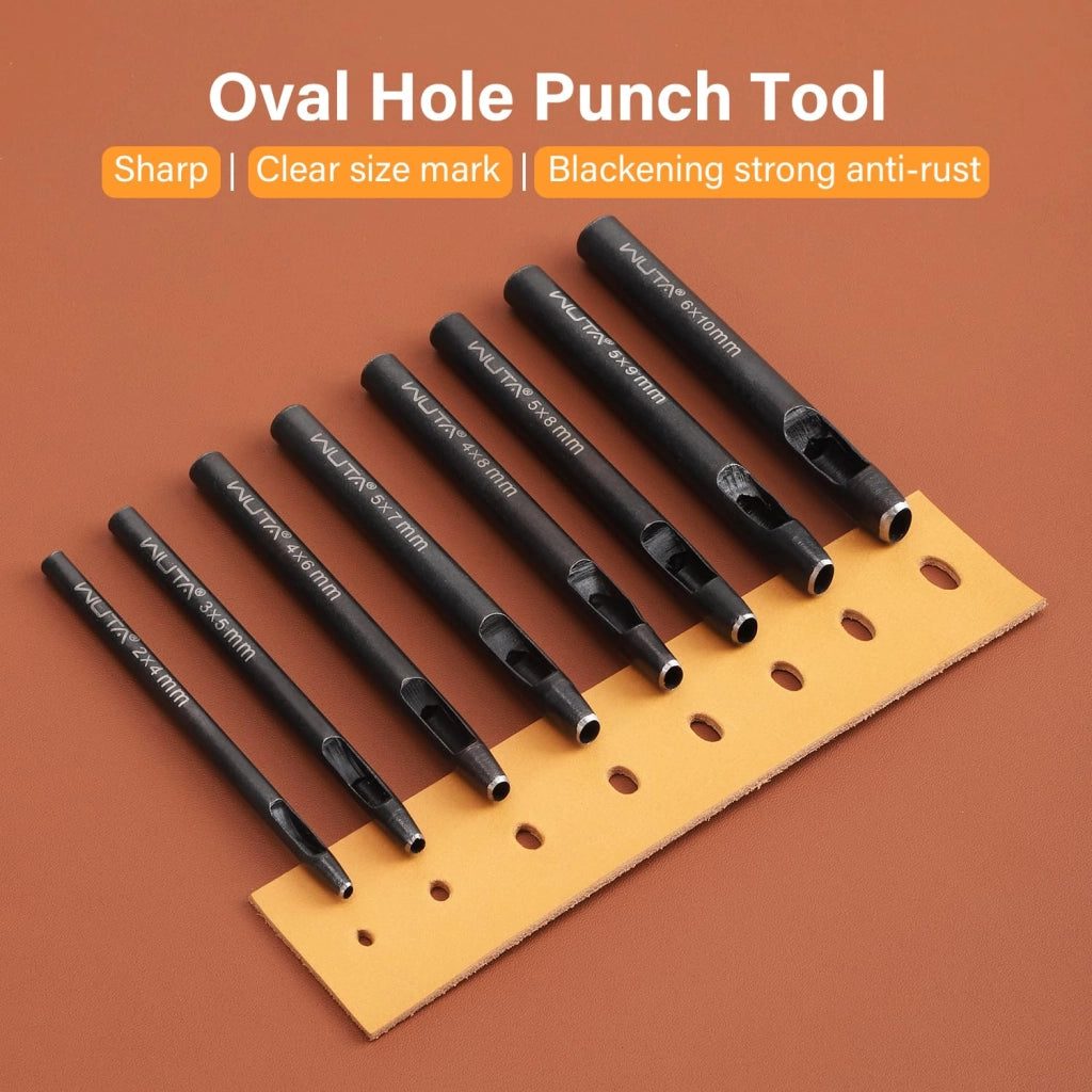 Set base di punzoni ovali in acciaio al carbonio per cuoio, punzone manuale affilato per lavorazione della pelle (6 pezzi - 2 x 4 + 3 x 5 + 4 x 6 + 5 x 7 + 5 x 8 + 5 x 9 mm)