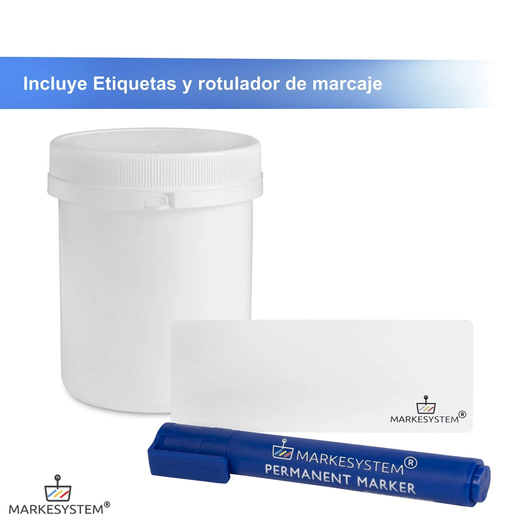5 contenitori in plastica da 500 ml con coperchio a vite + set di etichette