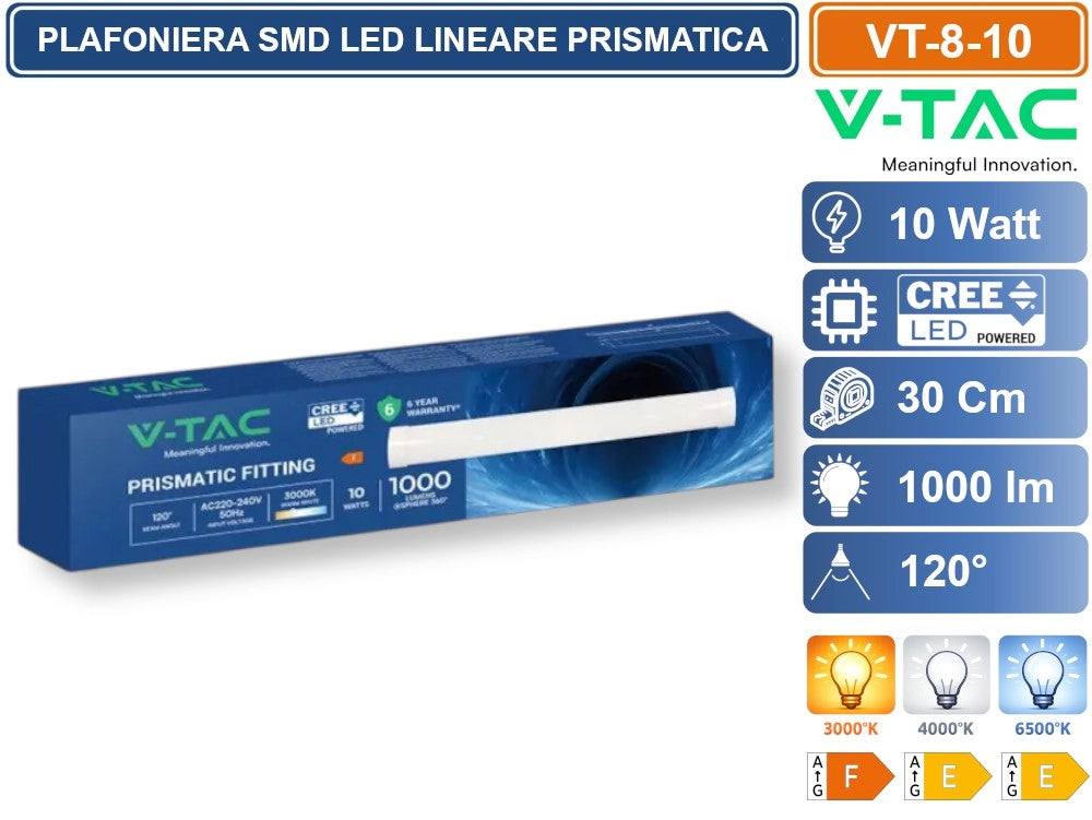 V-TAC VT-8-10 TUBO LED PRISMATICO PLAFONIERA 10W LAMPADINA 30CM SMD CHIP CREE - Colore Luce:Bianco Naturale