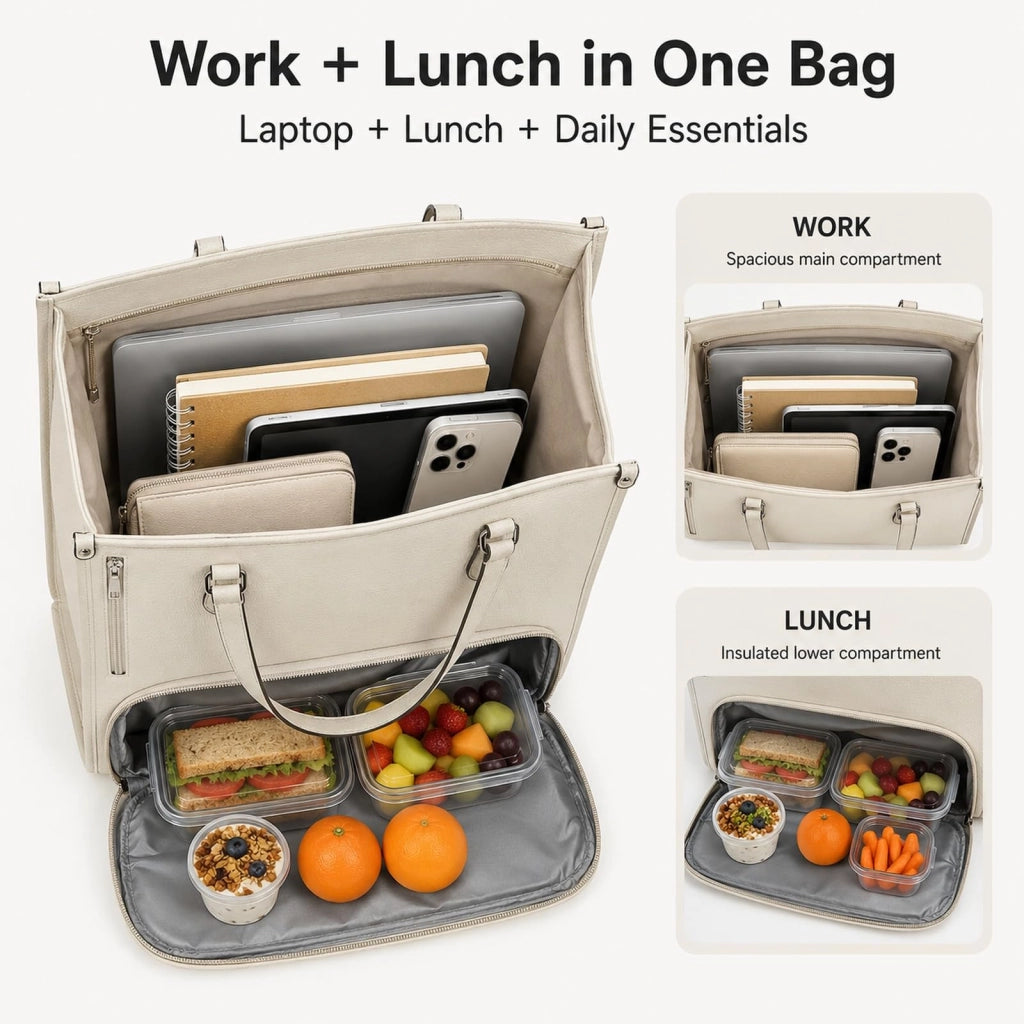 Borsa da pranzo con scomparto termico, tasca per laptop, impermeabile, bianca