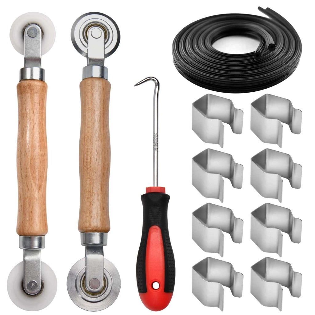 Set di utensili 5 in 1 per zanzariere, rulli in acciaio e nylon con cuscinetti, 9,8 m di cordino di tenuta, gancio di rimozione, clip, kit di riparazione per finestre, porte finestre e porte scorrevoli