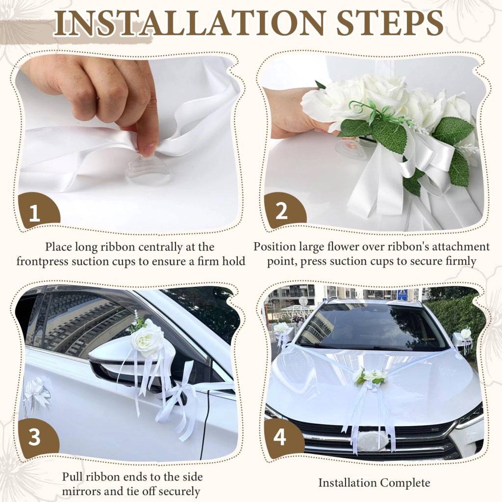 Set per decorare l'auto per il matrimonio, composto da 3 rose, nastri e fiocchi