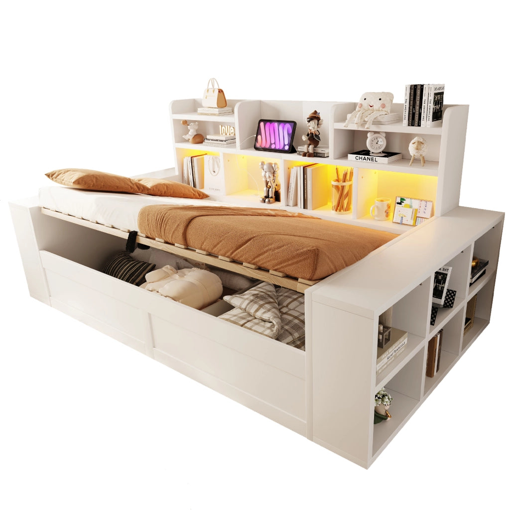 Divano letto singolo 90x200 cm con contenitore idraulico; ripiani; prese e LED; in compensato e MDF bianco