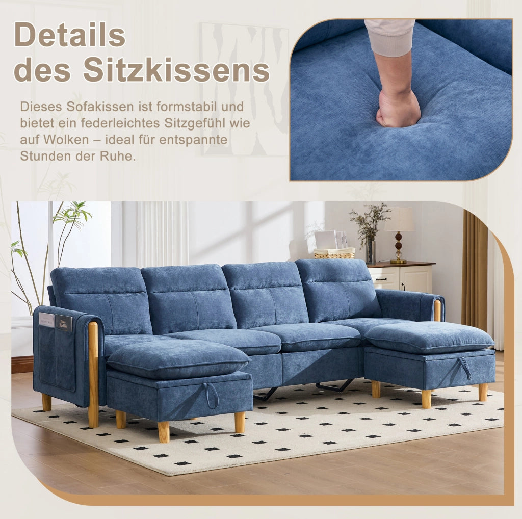 DIVANO modulare 4 posti in ciniglia blu con 2 pouf contenitore