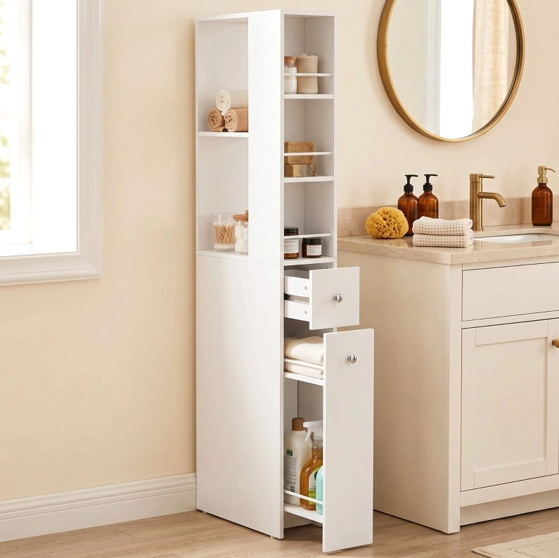 Mobile bagno alto compatto 135 cm in MDF laccato bianco con 2 cassetti, 2 mensole laterali e 3 scomparti