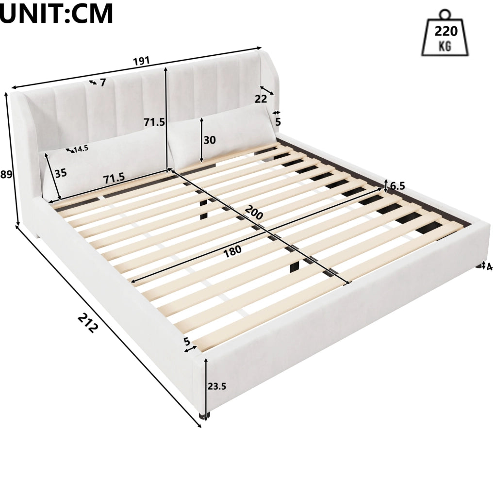Letto imbottito beige 180 x 200 cm con rete a doghe e due cuscini