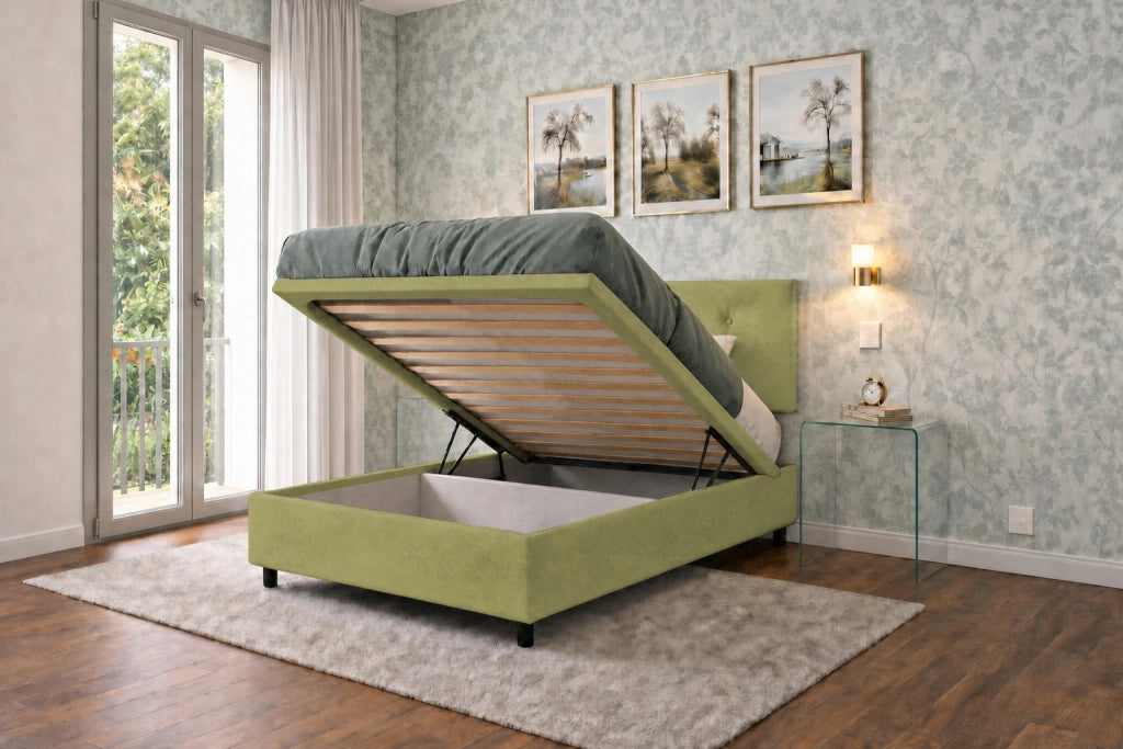Letto Singolo Contenitore Imbottito 80x200 cm Microfibra Tè Verde BoxMax Testata Button