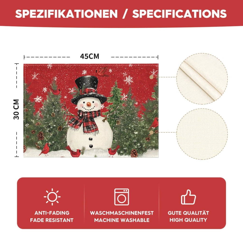 Sottopiatti a tema pupazzo di neve, set da 12, dimensioni 30x45 cm, in poliestere, lavabili