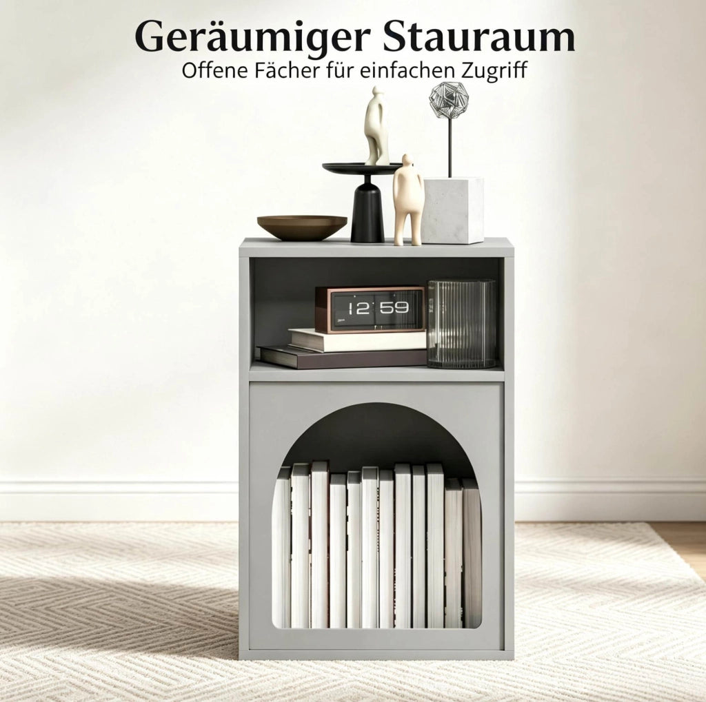 Set di 2 comodini in MDF grigio con doppio ripiano aperto e design curvo, 40x30x60 cm
