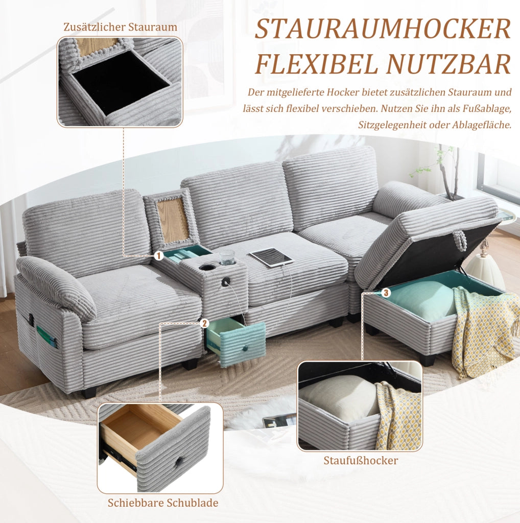 Divano ULEVR 266x136x82 cm in velluto a coste grigio chiaro, con console scorrevole, USB-C e pouf contenitore