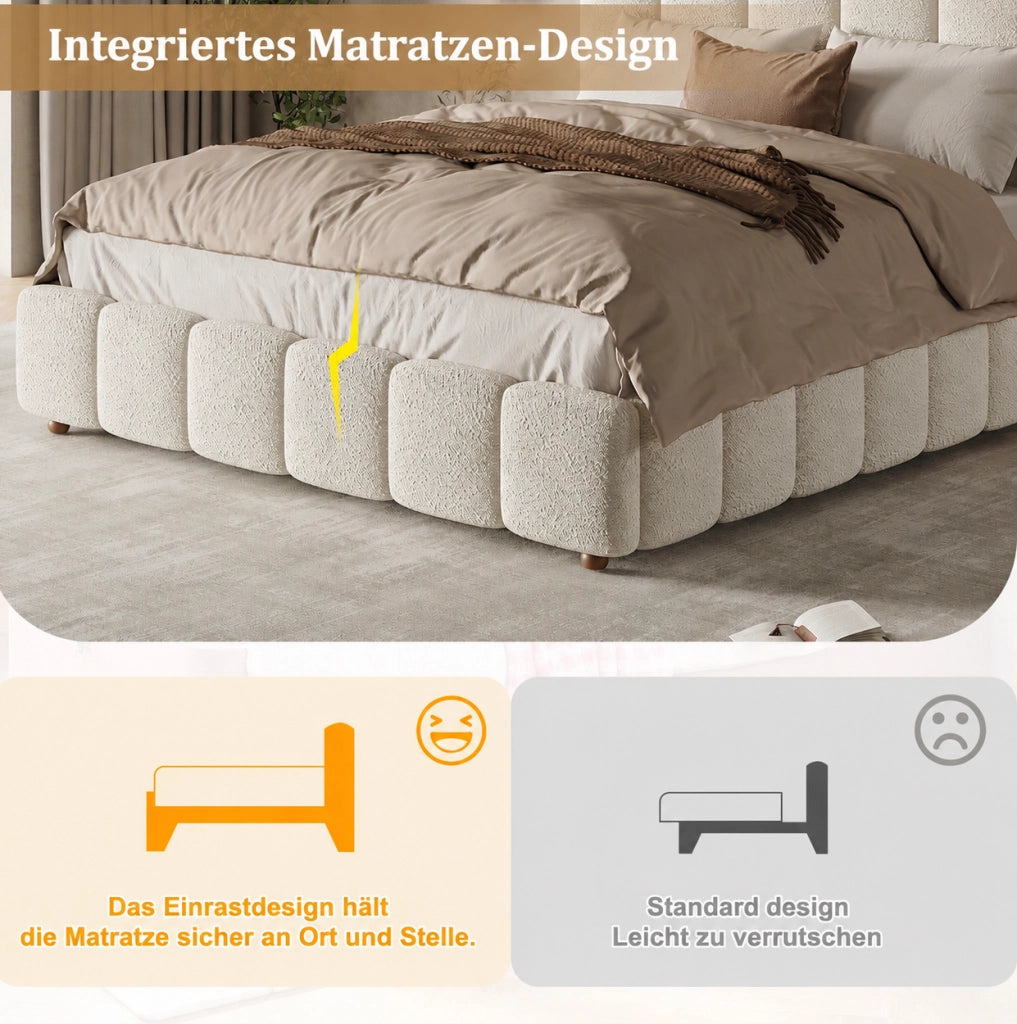 Letto imbottito 140x190 cm con contenitore idraulico bouclé bianco