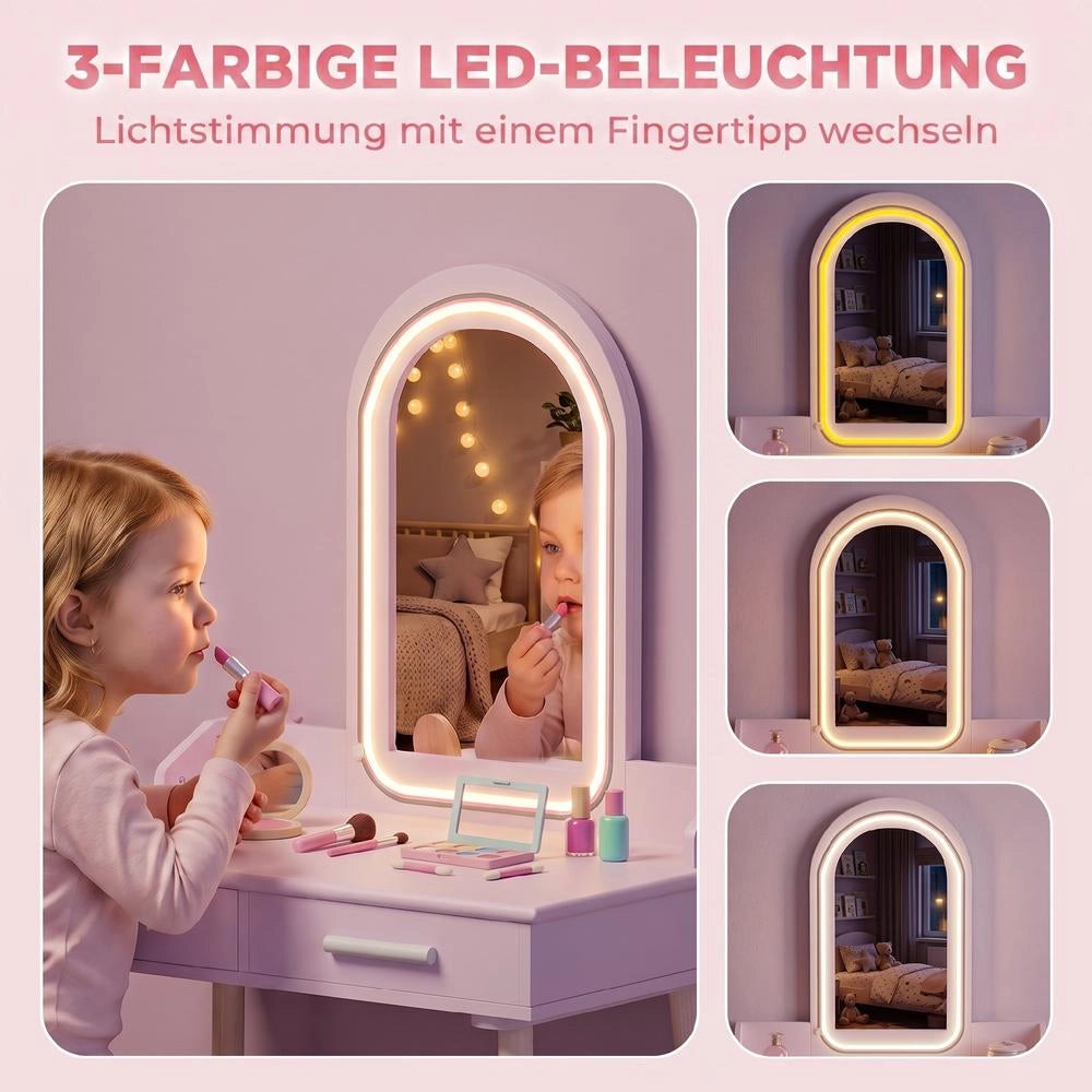 Toletta per bambini 2 in 1 con specchio LED rosa, tavolo da trucco con luci a 3 colori e cassetti, pratica per cameretta