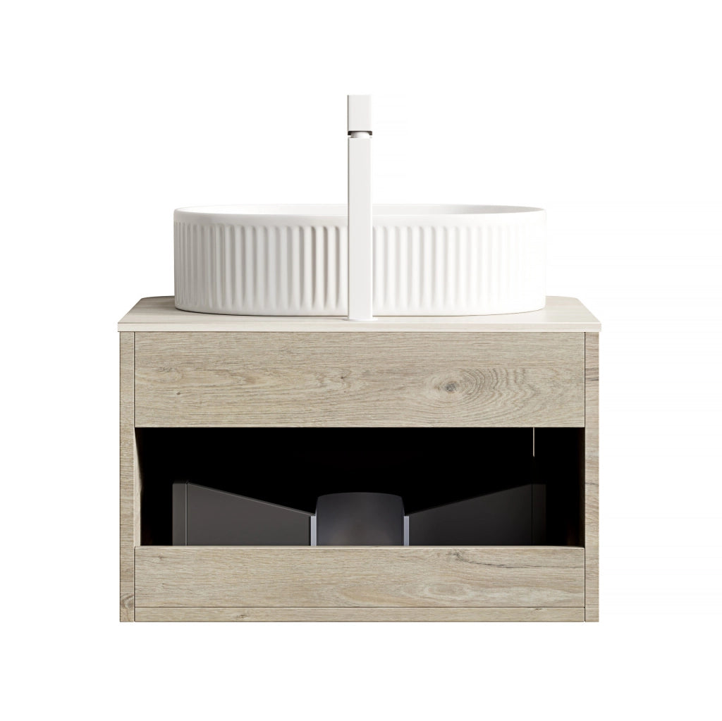 Mobile lavabo sospeso 60 cm in ceramica bianca e pietra sinterizzata beige, preassemblato