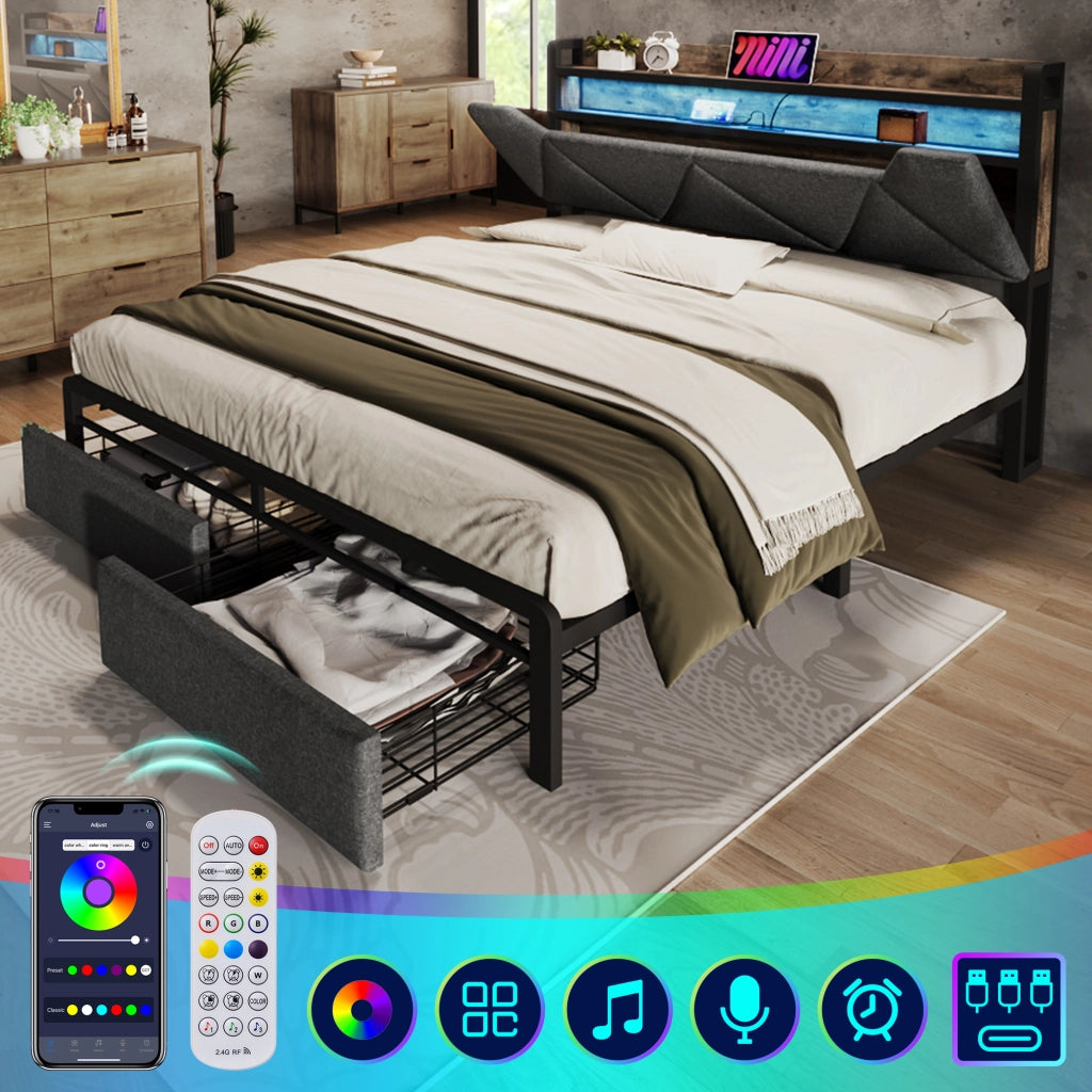 Letto con cassetti 140 ¡Á 200 cm con testiera contenitore LED; porte USB e Type-C; rivestito in lino grigio