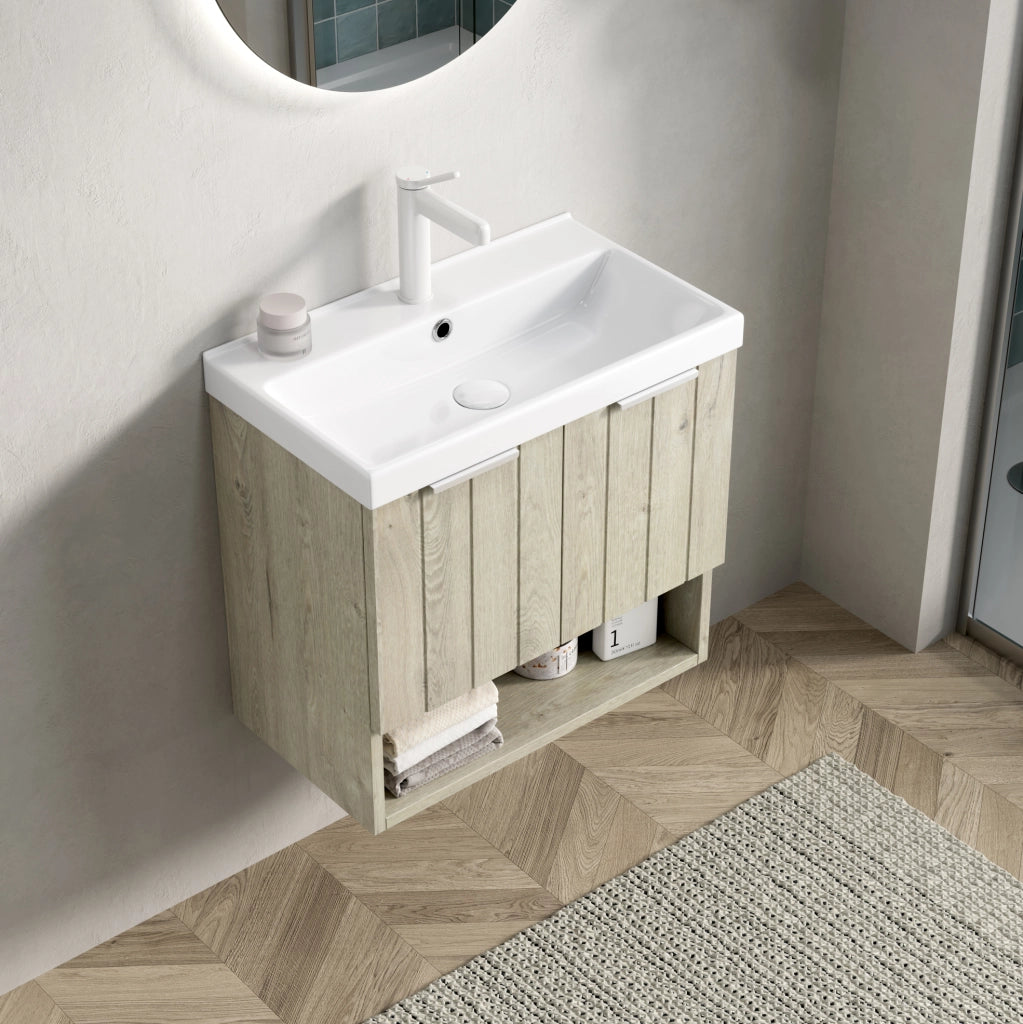 Mobile bagno sospeso con lavabo integrato in ceramica e doppia anta; bianco