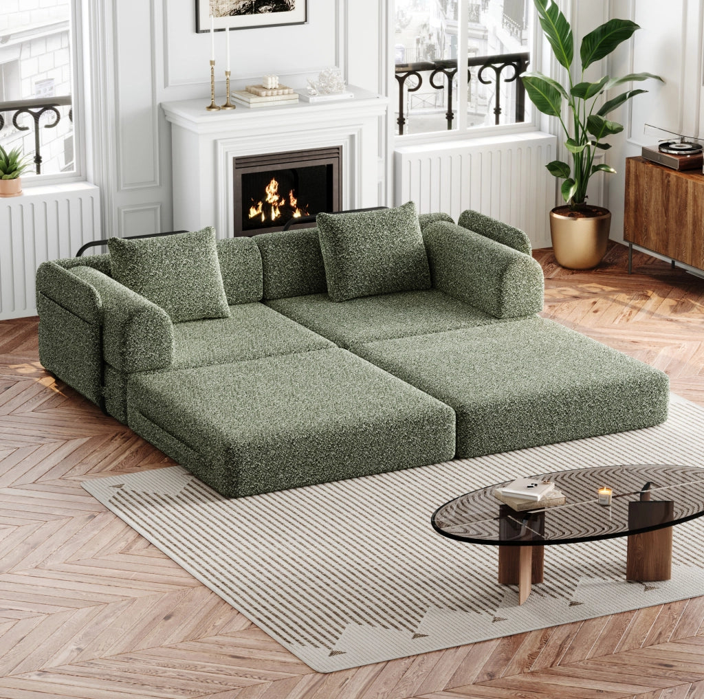 Divano letto 2 in 1 in ciniglia verde con vano nel bracciolo