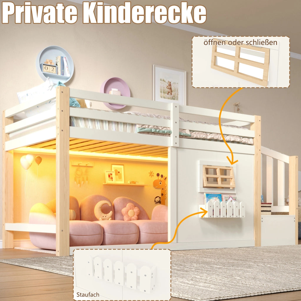 Letto a soppalco 90 x 200 cm in pino e MDF con LED, bianco e naturale